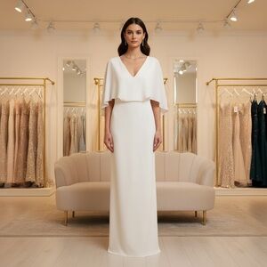 💫 HALSTON Cape Gown Ivory White Formal Maxi Evening Dress Size 8